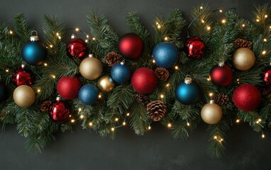 Evergreen Pine with Multicolored Ornaments: Lush green pine branches adorned with a variety of red, blue, and gold ornaments, interspersed with small twinkling fairy lights. 