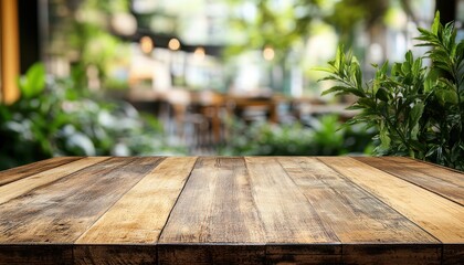 Cozy outdoor restaurant setting with green plants and wooden dining table