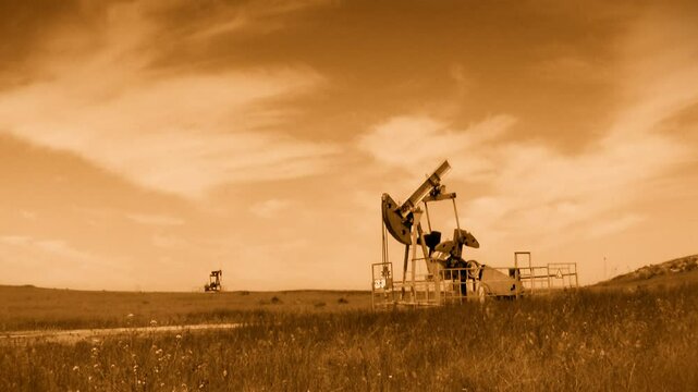 Oil pumpjack in a rural landscape under a bright blue sky with scattered clouds, representing energy production and industry. Ideal for themes of oil, energy, and nature.