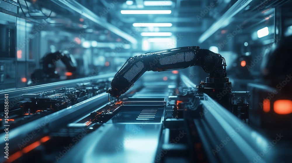 Aufkleber futuristic robotic arm on a factory assembly line.