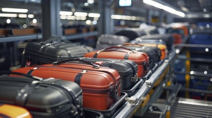 Obraz premium An upclose view of luggage being sorted into compartments on a carousel as it moves along.