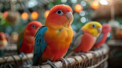 Captive pet birds in decorative birdcages. Featuring various bird species with elaborate cages. Showcasing bird care and cage decoration. Ideal for avian enthusiasts and pet care content.