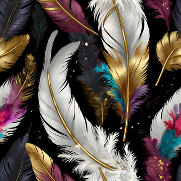 A vivid digital artwork featuring a metallic white feather, intricately decorated with colorful flowers and shimmering gold embellishments. Set against a deep, mysterious background, the feather&rsquo;s bea