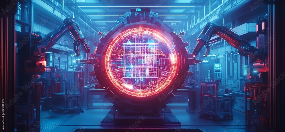 Aufkleber Futuristic robotic arms in a factory setting, illuminated by a glowing red circle with a digital display.