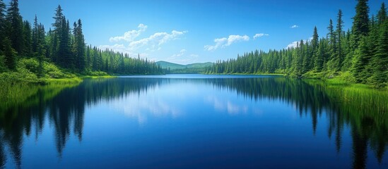 Obraz premium Tranquil lake with a forest reflection in the water.
