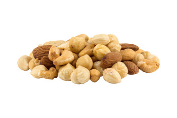 assorted nuts. Cashew, migdal and hazelnut. Isolated from background