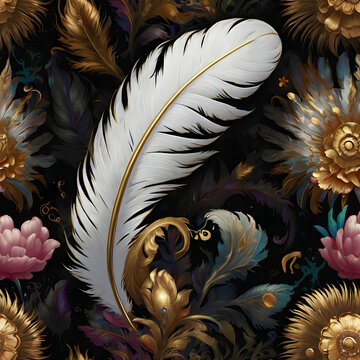 A vivid digital artwork featuring a metallic white feather, intricately decorated with colorful flowers and shimmering gold embellishments. Set against a deep, mysterious background, the feather&rsquo;s bea