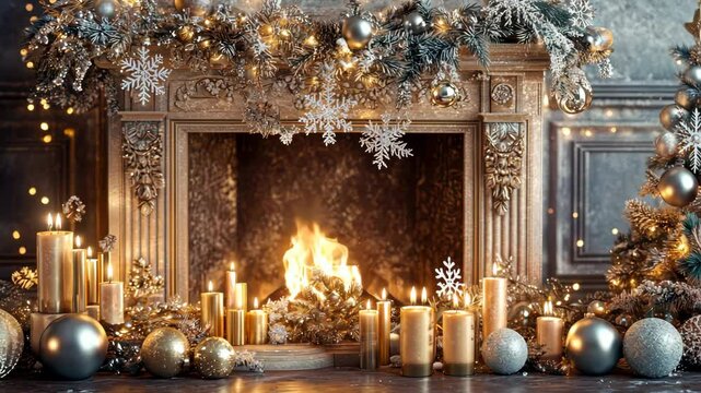 Elegant holiday fireplace featuring gold and silver accents, metallic garlands, and shimmering firelight for a lavish Christmas celebration. Holiday fireplace