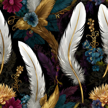 A vivid digital artwork featuring a metallic white feather, intricately decorated with colorful flowers and shimmering gold embellishments. Set against a deep, mysterious background, the feather&rsquo;s bea