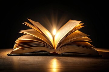 Extreme close-up of illuminated book pages in darkness conveying literature and fairytale vibes