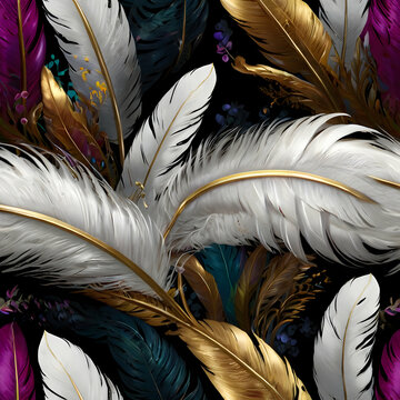 A vivid digital artwork featuring a metallic white feather, intricately decorated with colorful flowers and shimmering gold embellishments. Set against a deep, mysterious background, the feather&rsquo;s bea