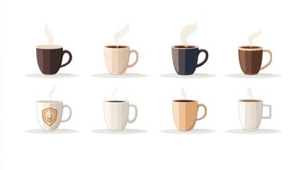 Obraz premium A collection of eight stylized coffee mugs with steam.