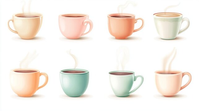 A collection of colorful steaming coffee cups in various styles.