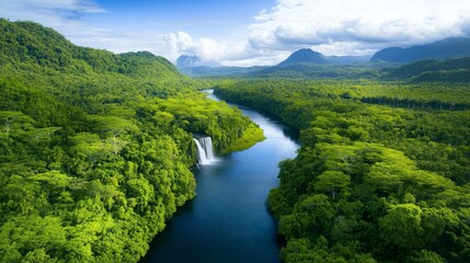 Lush Rainforest Landscape with Waterfall and River