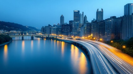 Fototapeta premium Pittsburgh Cityscape at Dusk with Bridge and Highway Lights