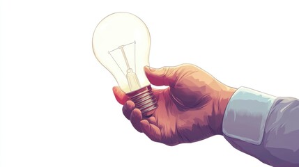 2D illustration of a whimsical elongated cartoon hand gripping an energy efficient light bulb Depicts an electrician with a lamp ideal for renovation service visuals set on a white background