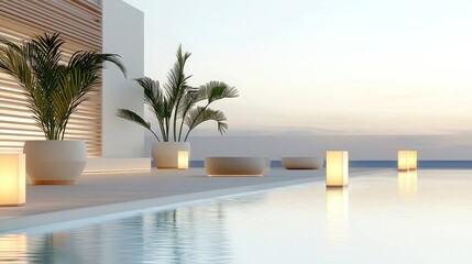 Fototapeta premium Modern Minimalist Poolside Design with Lanterns and Plants