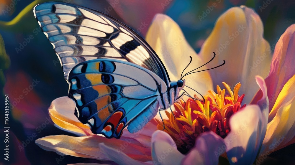 Poster A close-up of a butterfly resting on a vibrant flower, its delicate wings displaying intricate patterns and colors.