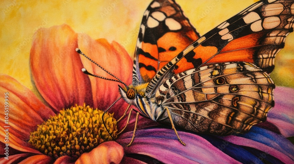 Poster A close-up of a butterfly resting on a vibrant flower, its delicate wings displaying intricate patterns and colors.