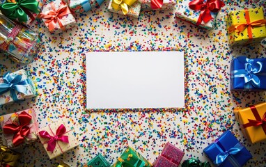 Fototapeta premium Birthday: A festive background with colorful balloons, confetti, and a birthday cake with lit candles. The left side of the image is blank, leaving space for a birthday greeting. 