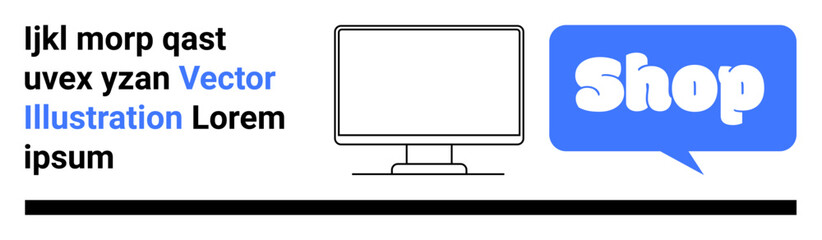 Computer screen with blue Shop speech bubble and text on the side. Ideal for online shopping, e-commerce, digital marketing, technology, and web design. Banner for landing page