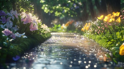 Fototapeta premium Serene Wet Path Through a Colorful Garden Landscape
