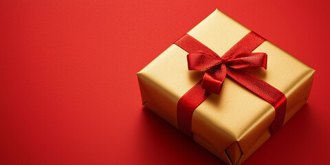 Obraz premium gold gift box with red ribbon on red Christmas background