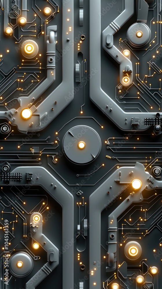 Poster matted circuit board pattern with glowing elements..