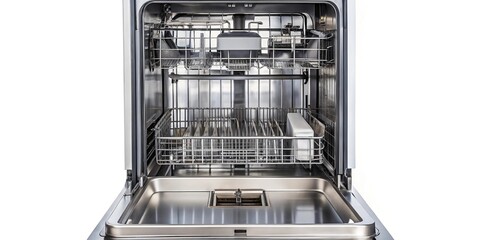 Extreme close-up of open dishwasher door on white background
