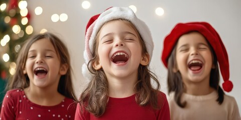 Cheerful children laughing joyfully during a holiday celebration, festive atmosphere.