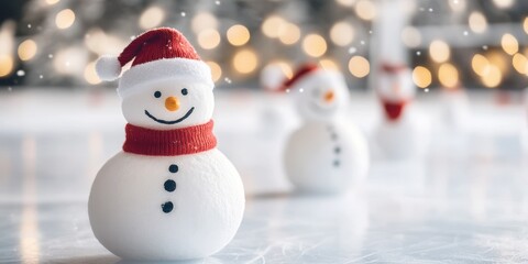 Fototapeta premium Cheerful snowman decorations on a festive background with lights.