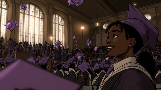 A diverse group of graduates throwing their caps in the air at a university graduation ceremony, celebrating academic success.