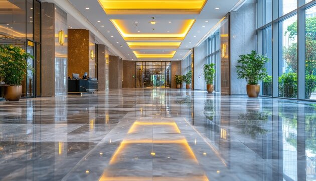 Elegant office lobby with modern design and bright lighting during the day