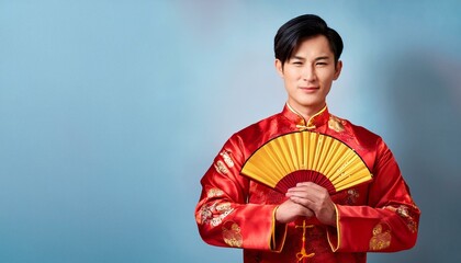 Obraz premium Man in Traditional Chinese Clothing: A handsome young man in a vibrant red Chinese tunic, adorned with intricate embroidery, holds a golden fan with a warm and welcoming smile.