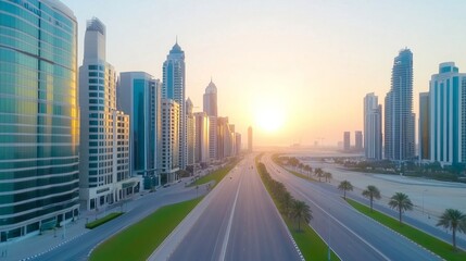 Fototapeta premium Modern Cityscape with Tall Buildings and Empty Road at Sunset