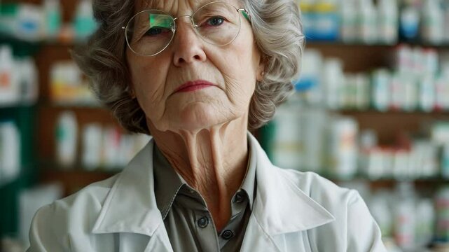 Woman in a white lab coat stands in front of a pharmacy with a stern expression on her face