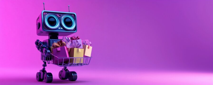 Cute droid with a shopping cart full of presents on purple background. Shopping, sales and e-commerce concept. For Cyber Monday. 3D cartoon illustration for poster, banner with copy space