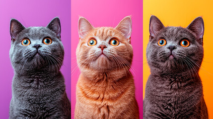 Three fashion British cat portrait looking up each on a background of a different colors