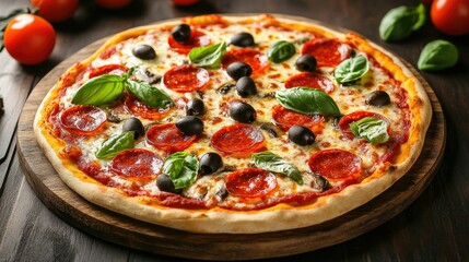 A rustic wood-fired pizza topped with pepperoni, olives, basil, and mozzarella, fresh out of the oven on a stone surface.