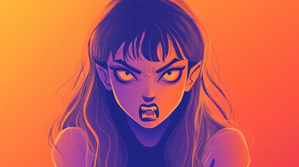 Frustrated cartoon vampire girl illustrated with warm gradient lines