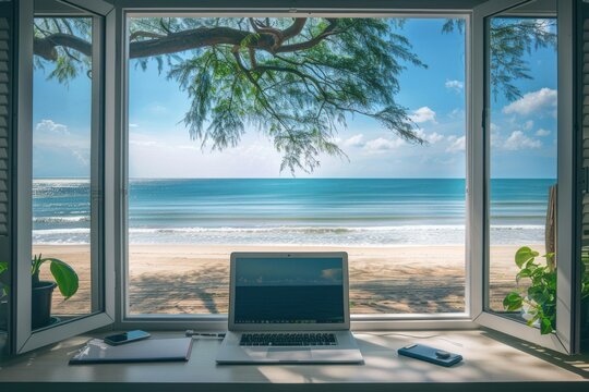 Fototapeta Home office window furniture computer.