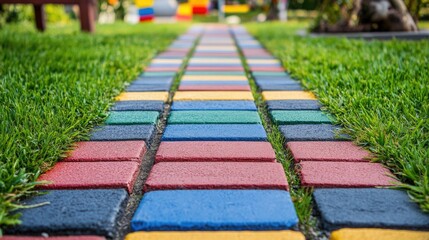 Colorful Pedestrian Walkway Through Green Lawn