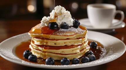A stack of fluffy pancakes topped with syrup, fresh blueberries, and a dollop of whipped cream, with a cup of coffee in the background.