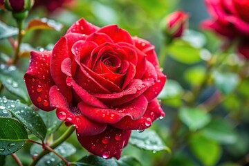 Obraz premium Extreme close-up of red rose plant on bush with raindrops on leaves