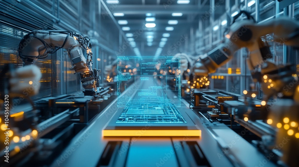 Aufkleber Modern automated factory with robotic arms on assembly line.