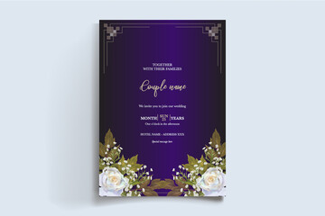 Fototapeta premium WEDDING INVITATION FRAME WITH FLOWER DECORATIONS AND FRESH LEAVES