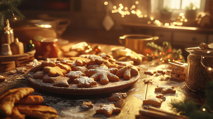 Naklejka premium Holiday baking scene, a festive table filled with beautifully decorated cookies, warm golden light, cozy kitchen atmosphere with holiday decorations, joyful mood, ingredients scattered around
