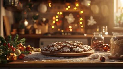 Naklejka premium Holiday baking scene, a festive table filled with beautifully decorated cookies, warm golden light, cozy kitchen atmosphere with holiday decorations, joyful mood, ingredients scattered around