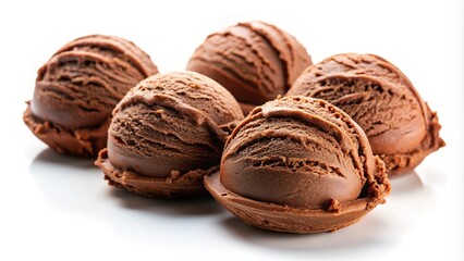 Extreme close-up of scoops of chocolate ice cream on a white isolated background