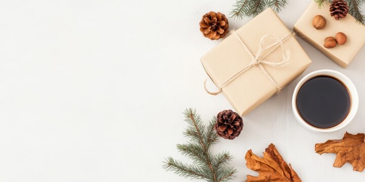 Cozy holiday setting with coffee, gifts, and autumn leaves on a white background.